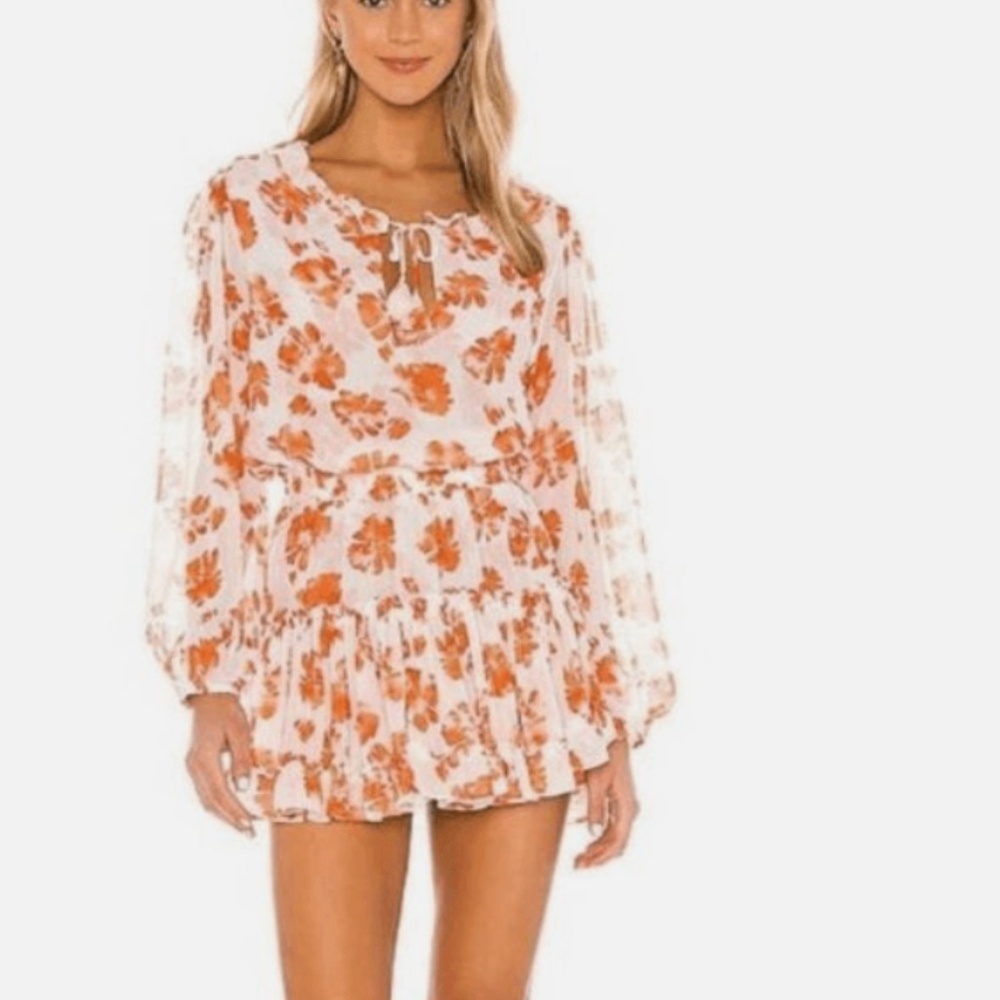 Misa Los Angeles White Floral Long Sleeve Mini Dress with Orange Print